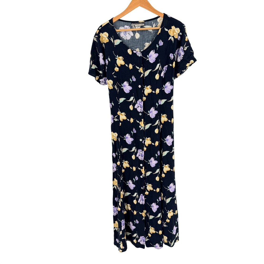 Notations Floral Maxi Dress Black XL 90s Vintage Grunge Boho Tie Back